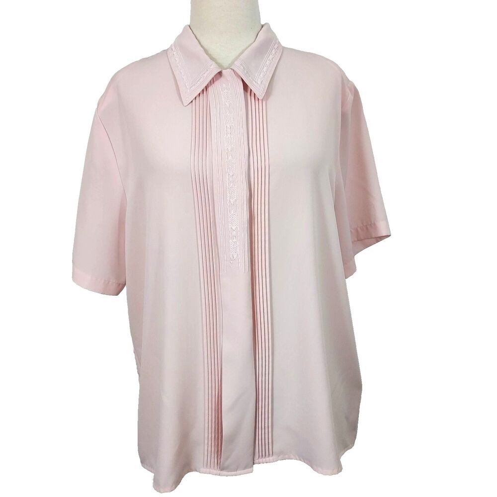 Claudia Richard Womens Blouse Size 16 Pleated Pink Embroidered Short Sleeve VTG